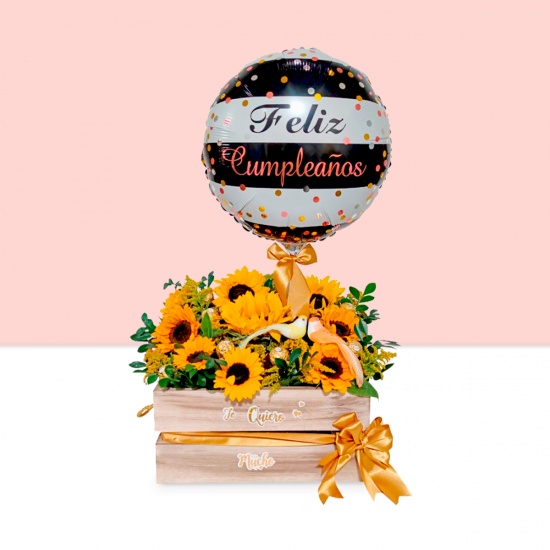 Maxi caja de Madera con Girasoles Radiantes + chocolates Ferrero + globo de cumpleaños + pajaritos