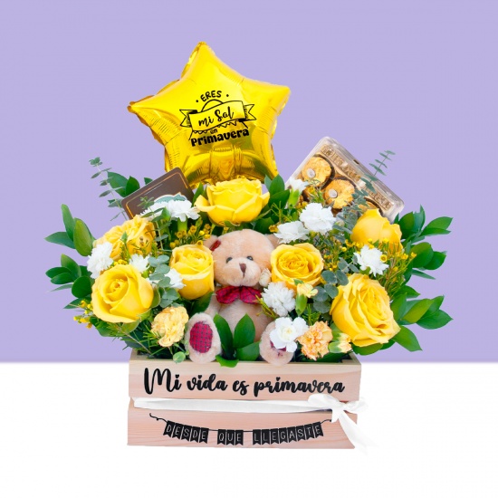 Arreglo Floral sol de primavera peluche globo y chocolates Ferrero